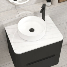 Royal Bathrooms Venice 600mm Matt Nocturne Black Wall Mounted Vanity Unit 2 Drawer Carrara White Undrilled Worktop & Without Basin - thumbnail 6