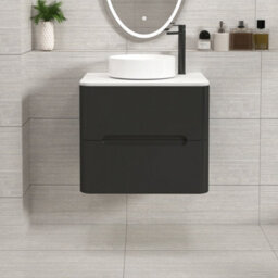 Royal Bathrooms Venice 600mm Matt Nocturne Black Wall Mounted Vanity Unit 2 Drawer Carrara White Undrilled Worktop & Without Basin - thumbnail 1