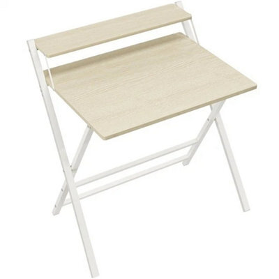 2-Tier Foldable Computer Desk With Monitor Shelf For Office Light Natural Wood - image 1