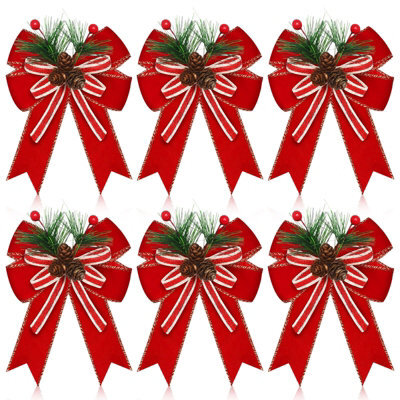 Amorly 6 Pcs Christmas Bows Red 5 X 6 Inch For Tree, Farmhouse Ribbon For Xmas Tree Wreath Garland Outdoor, Reusable Christmas Decor - image 1