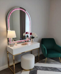 Deenz Arched Top Wall Hanging Mirror Crushed Jewel Loose Diamond Frame Colour Changing Led Light Mdf Back Glass Pink 100X70 Cm - thumbnail 4