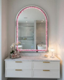 Deenz Arched Top Wall Hanging Mirror Crushed Jewel Loose Diamond Frame Colour Changing Led Light Mdf Back Glass Pink 100X70 Cm