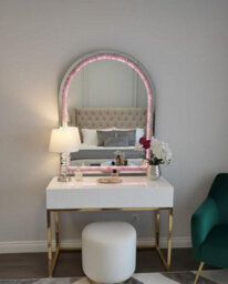 Deenz Arched Top Wall Hanging Mirror Crushed Jewel Loose Diamond Frame Colour Changing Led Light Mdf Back Glass Pink 100X70 Cm - thumbnail 2