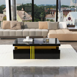 Abrihome Modern Black Rectangular Coffee Table With Marble Pattern(Triamine Board) Top And 2 Wooden Drawers, 100X50X40Cm - thumbnail 9
