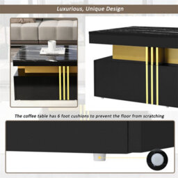 Abrihome Modern Black Rectangular Coffee Table With Marble Pattern(Triamine Board) Top And 2 Wooden Drawers, 100X50X40Cm - thumbnail 2