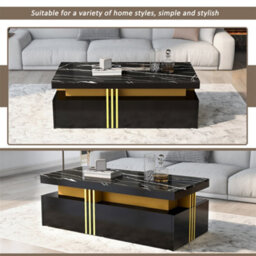 Abrihome Modern Black Rectangular Coffee Table With Marble Pattern(Triamine Board) Top And 2 Wooden Drawers, 100X50X40Cm - thumbnail 5