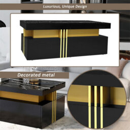 Abrihome Modern Black Rectangular Coffee Table With Marble Pattern(Triamine Board) Top And 2 Wooden Drawers, 100X50X40Cm - thumbnail 3