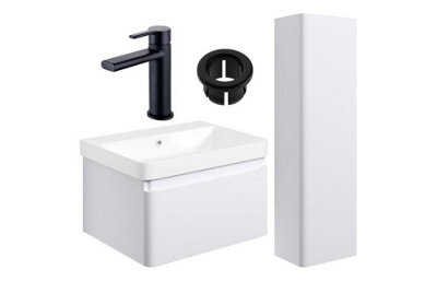 Aquarius Sophie 605mm Vanity Unit Matt White Tall Boy Set With Matt Black Brassware - image 1
