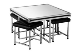 Orsina 5Pc Crocodile Leather Effect Table And Stool Set, Mirrored Glass Coffee Table With Stool, Large Coffee Table