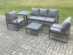 Fimous Aluminium Outdoor Garden Furniture Set Lounge Sofa 2 Pc Chairs Square Coffee Table Sets With Side Table Dark Grey - thumbnail 2