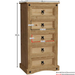 Lassic Vida Designs Corona 5 Drawer Narrow Chest Mexican Solid Waxed Pine (H)950mm (W)480mm (D)350mm - thumbnail 2