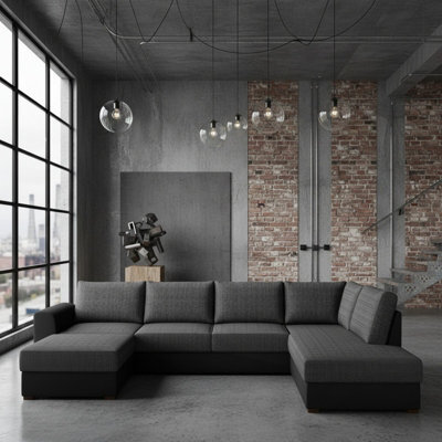 Wilma U Shaped Sofa Bed With Hr Foam Storage And Wooden Legs 305X188Cm For Living Room Black And Melange Right - image 1