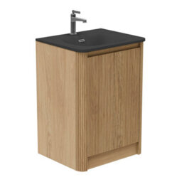 Plum&clay Isla Ribbed Fluted Oak Wood Freestanding Bathroom Vanity Unit & Black Basin Set (W)600mm - thumbnail 1
