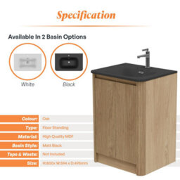 Plum&clay Isla Ribbed Fluted Oak Wood Freestanding Bathroom Vanity Unit & Black Basin Set (W)600mm - thumbnail 5