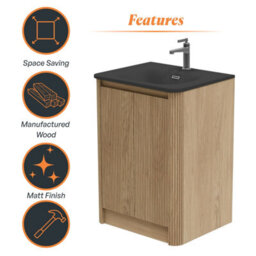 Plum&clay Isla Ribbed Fluted Oak Wood Freestanding Bathroom Vanity Unit & Black Basin Set (W)600mm - thumbnail 6