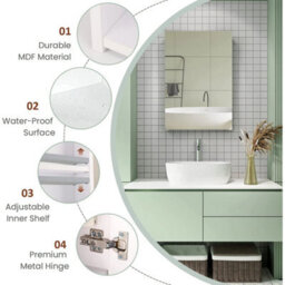 40X60X12Cm  Single Door Mirrored Bathroom Cabinet Storage Cupboard With Adjustable Shelf - thumbnail 4