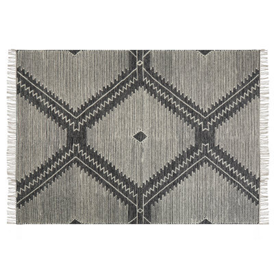 Beliani Off-White And Black Tribal Geometric Cotton Wool Rug 160 X 230 Cm With Tassels - image 1