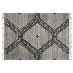 Beliani Off-White And Black Tribal Geometric Cotton Wool Rug 160 X 230 Cm With Tassels - thumbnail 1