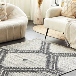 Beliani Off-White And Black Tribal Geometric Cotton Wool Rug 160 X 230 Cm With Tassels - thumbnail 2