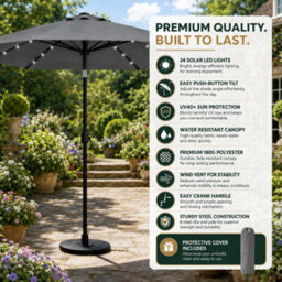 Glamhaus Garden Parasol Solar Led 2.7M ,tilting Table Umbrella With Crank Handle, Protection Uv40, Free Parasol Cover- Dark Grey - thumbnail 9