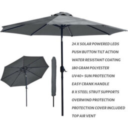 Glamhaus Garden Parasol Solar Led 2.7M ,tilting Table Umbrella With Crank Handle, Protection Uv40, Free Parasol Cover- Dark Grey - thumbnail 2
