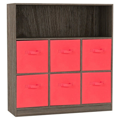 Urbn-Living Urbnliving Height 94Cm Wooden Wide Anthracite Oak 7 Cube Bookcase With Red 6 Drawers Baskets Storage Unit Shelves - image 1