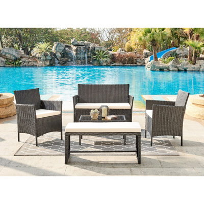 Home Detail 4-Seater Garden Sofa Set With Coffee Table & Bench, Black Rattan - image 1