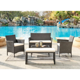 Home Detail 4-Seater Garden Sofa Set With Coffee Table & Bench, Black Rattan - thumbnail 1