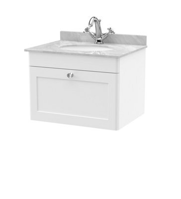 Balterley Swynnerton Traditional 1 Drawer Wall Hung Vanity Unit With Marble Basin, Satin White, 600mm - image 1