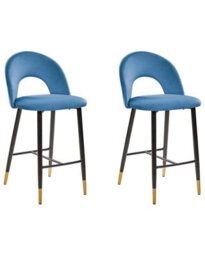 Beliani Blue Velvet Bar Chairs Set Of 2 - Bar-Height Velvet Seats With Black Steel Legs And Golden Ends - thumbnail 3