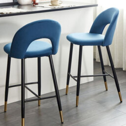 Beliani Blue Velvet Bar Chairs Set Of 2 - Bar-Height Velvet Seats With Black Steel Legs And Golden Ends - thumbnail 2