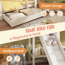 Matteo White Wooden Kids Treehouse Bunk Bed With Slide & Storage Drawer - 90/135X190Cm - thumbnail 3