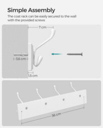 Songmics Coat Rack, Wall-Mounted Coat Rack, Coat Hook With 4 Tri-Hooks, Hook Rack For Bags, Coats, For Hallway, White - thumbnail 7