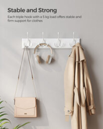 Songmics Coat Rack, Wall-Mounted Coat Rack, Coat Hook With 4 Tri-Hooks, Hook Rack For Bags, Coats, For Hallway, White - thumbnail 6