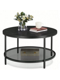 LEDREM Coffee Table, Living Room Table, Sofa Cocktail Table Faux Marble Round, Tempered Glass Storage Shelf, Easy To Assemble - thumbnail 9