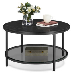LEDREM Coffee Table, Living Room Table, Sofa Cocktail Table Faux Marble Round, Tempered Glass Storage Shelf, Easy To Assemble - thumbnail 2