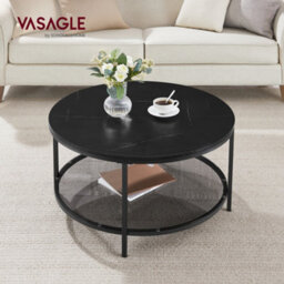 LEDREM Coffee Table, Living Room Table, Sofa Cocktail Table Faux Marble Round, Tempered Glass Storage Shelf, Easy To Assemble - thumbnail 1