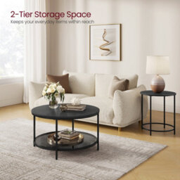 LEDREM Coffee Table, Living Room Table, Sofa Cocktail Table Faux Marble Round, Tempered Glass Storage Shelf, Easy To Assemble - thumbnail 3