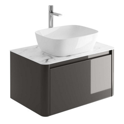 Plum&clay Mayfair Gloss Dark Grey Wall Hung Bathroom Vanity Unit With White Marble Countertop (W)750mm (H)406mm - image 1