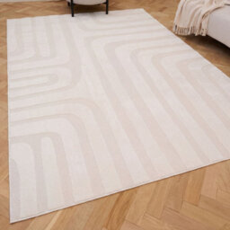 The Rugs Loft Ivory Curved Line Living Room Area Rug And Runners Soft Pile - thumbnail 1