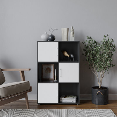 Urbn-Living Urbnliving 91Cm Height 6 Cube Bookcase Black Wood White Door Metal Handle Display Storage Shelf - image 1
