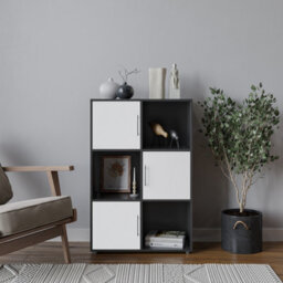 Urbn-Living Urbnliving 91Cm Height 6 Cube Bookcase Black Wood White Door Metal Handle Display Storage Shelf - thumbnail 1