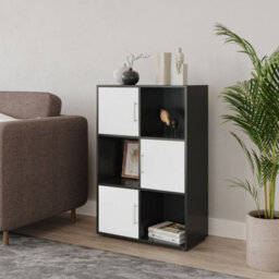 Urbn-Living Urbnliving 91Cm Height 6 Cube Bookcase Black Wood White Door Metal Handle Display Storage Shelf - thumbnail 2