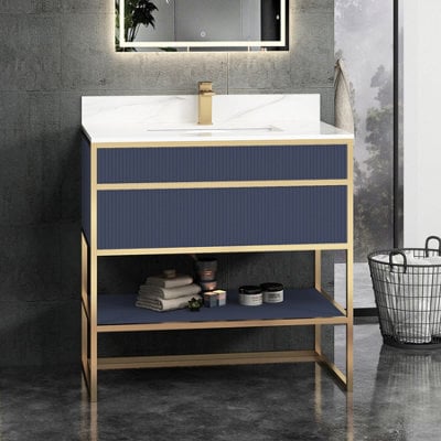 Royal Bathrooms Vienna 900mm Navy Blue Freestanding Bathroom Cabinet Vanity Unit With Brushed Brass Frame & Carrara White Top - image 1