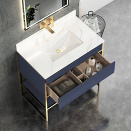 Royal Bathrooms Vienna 900mm Navy Blue Freestanding Bathroom Cabinet Vanity Unit With Brushed Brass Frame & Carrara White Top - thumbnail 5