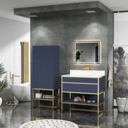 Royal Bathrooms Vienna 900mm Navy Blue Freestanding Bathroom Cabinet Vanity Unit With Brushed Brass Frame & Carrara White Top - thumbnail 3
