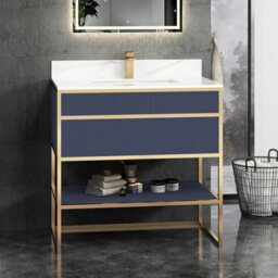 Royal Bathrooms Vienna 900mm Navy Blue Freestanding Bathroom Cabinet Vanity Unit With Brushed Brass Frame & Carrara White Top - thumbnail 1