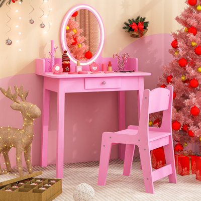 Costway Kids Vanity Set W/ Lighted Mirror Makeup Dressing Table W/ Chair - image 1