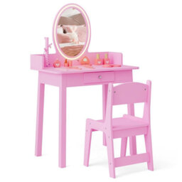 Costway Kids Vanity Set W/ Lighted Mirror Makeup Dressing Table W/ Chair - thumbnail 2