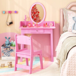 Costway Kids Vanity Set W/ Lighted Mirror Makeup Dressing Table W/ Chair - thumbnail 5